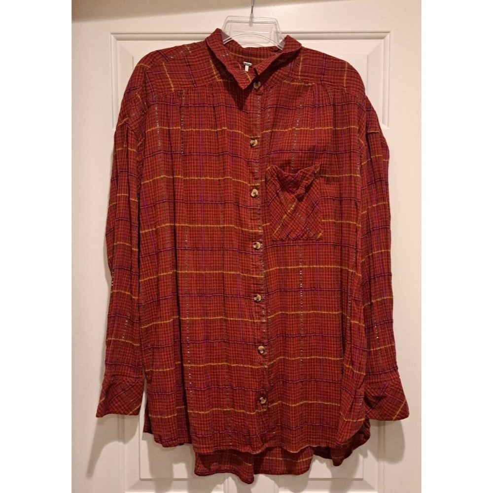 Free People Women’s Break My Stripe Red Button-Down Top, Large, Red, MSRP $108